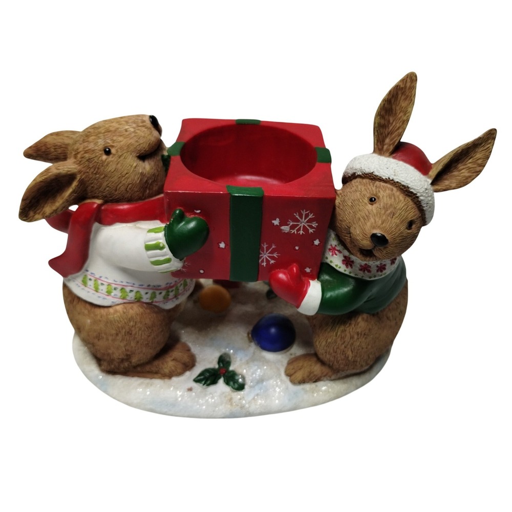 Yankee Candle Christmas Bunnies Tea Light Holder Red Gift Box Figurine 1132752